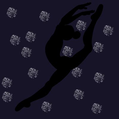 gymnast doing a leap in a leotard with a bent back leg
