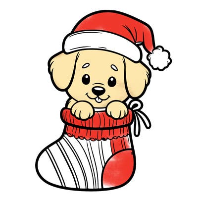 cute puppy wearing santa hat in socking