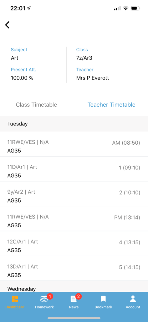 Bromcom Student App - Interface of the Bromcom Student App showing a teacher timetable and daily class schedule