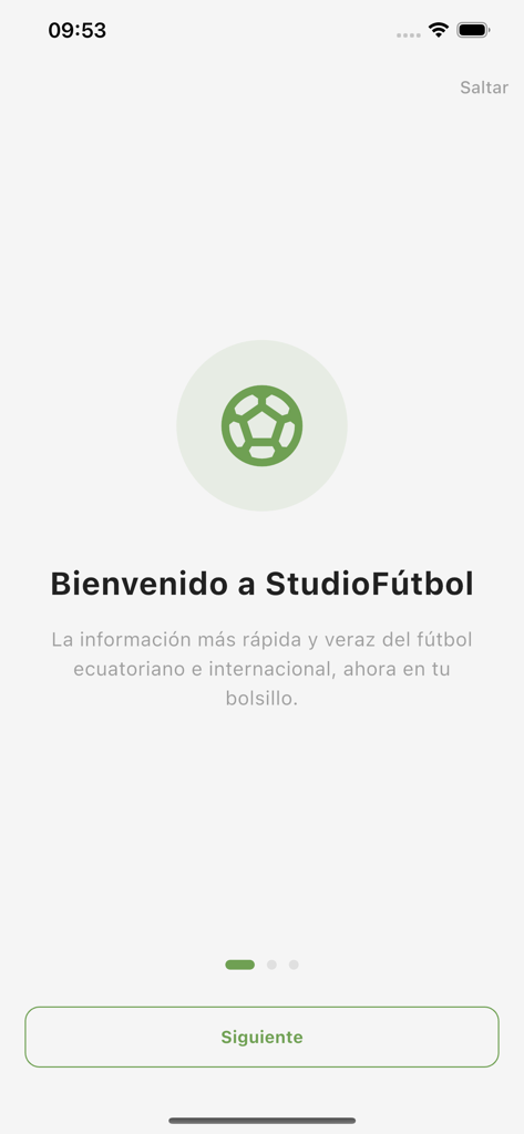 StudioFutbol - Écran d'accueil de l'application StudioFutbol avec une icône de ballon de football vert et un texte d'introduction en espagnol.