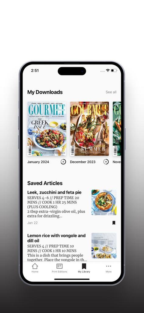 Gourmet Traveller - Gourmet Traveller App Benutzeroberfläche zeigt den Bereich Meine Bibliothek mit heruntergeladenen digitalen Magazinausgaben und einer Liste gespeicherter Gourmet-Rezepte.