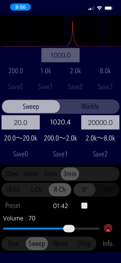 Frequenzsweep-Oberfläche des Audio Tone Generator Plus mit präzisen Audiofrequenzreglern.