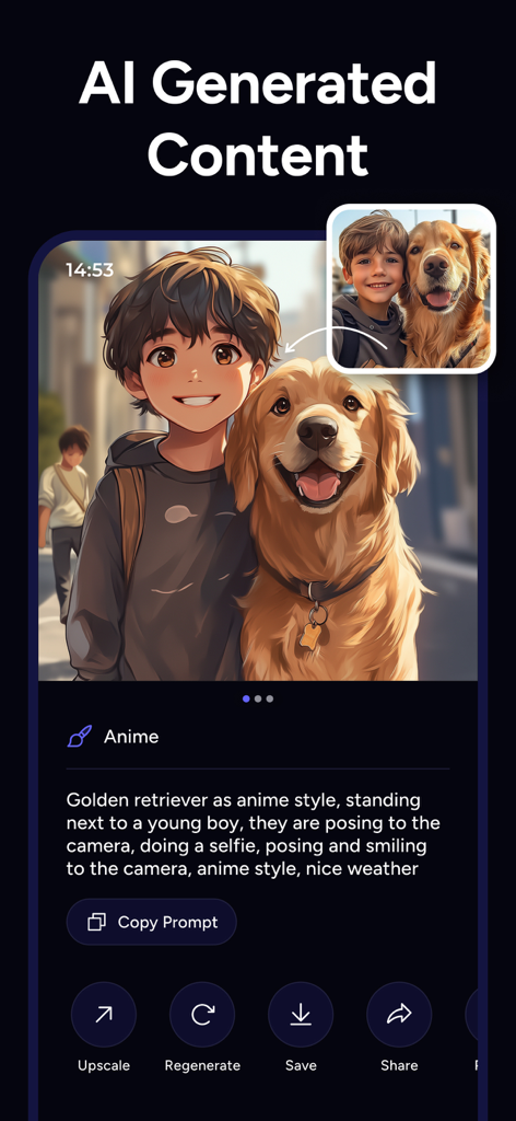 AI Image Generator - Monet - Una captura de pantalla de la aplicación Monet que muestra una versión anime generada por IA de un niño y su golden retriever