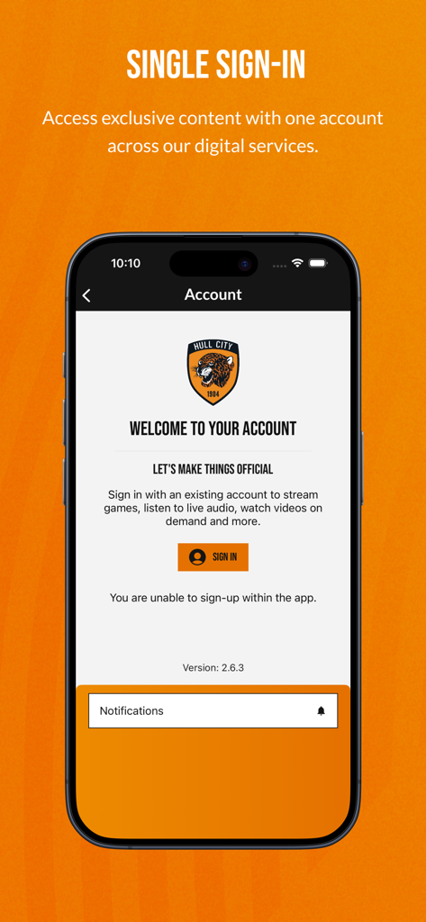Hull City - The account login screen for the Hull City mobile app on an iPhone.