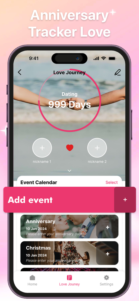 Mobile app interface showing a love journey dating counter with 999 days and an event calendar for couples.