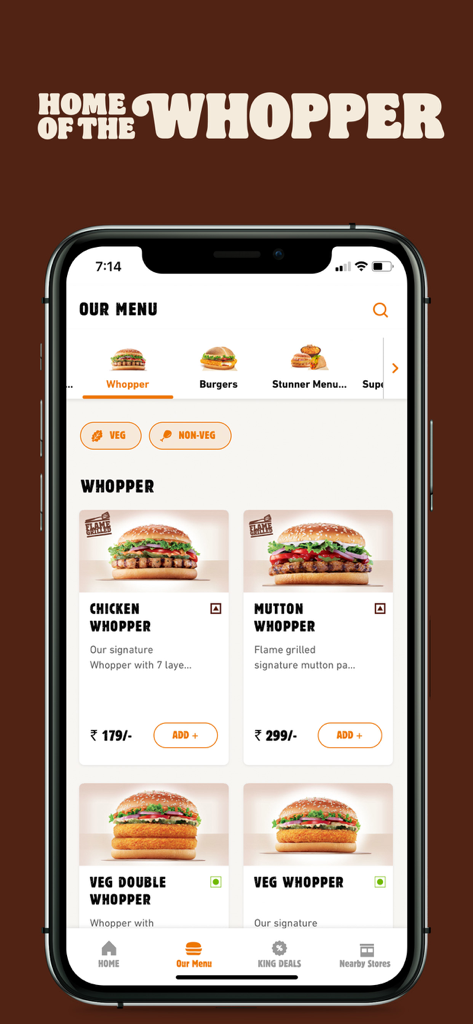 Burger King India app interface showing the Whopper menu with chicken mutton and veg burger options