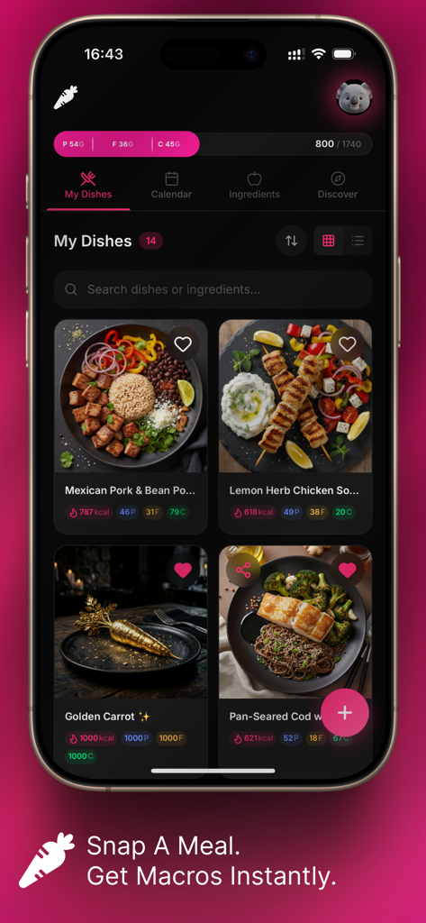 Eatme: Snap Food, Track Macros - Eatme app screenshot showing a visual meal diary with calorie and macronutrient tracking for various dishes