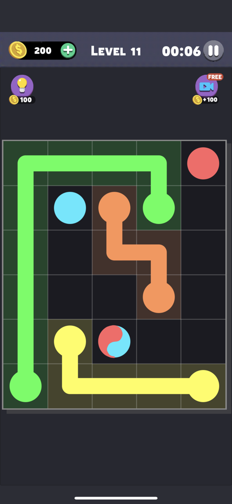 Same Color: Connect The Dots - Screenshot of Level 11 in Same Color Connect The Dots showing colored paths and dots on a grid