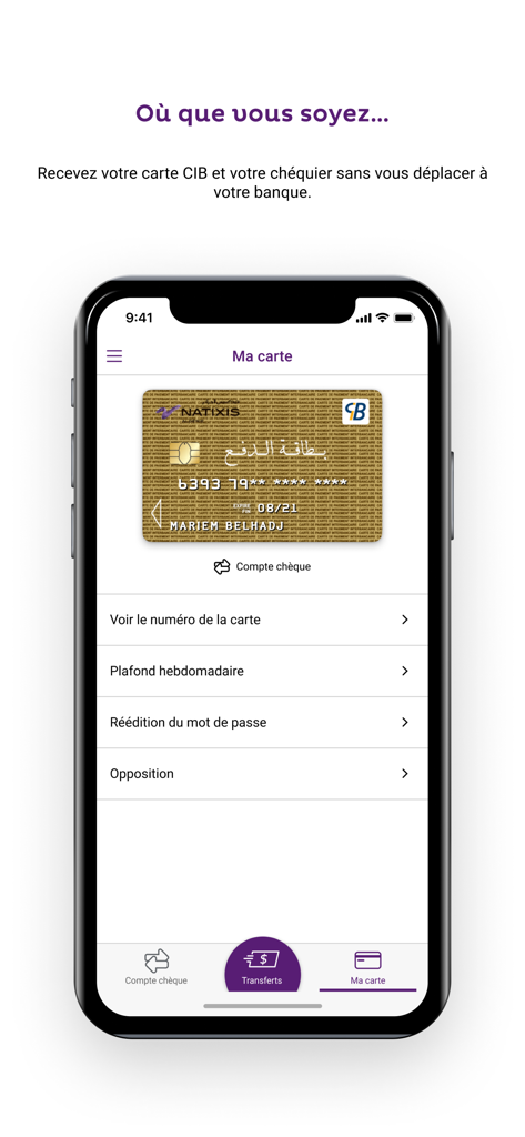 Interface of the Banxy mobile banking app showing CIB card management and security settings.