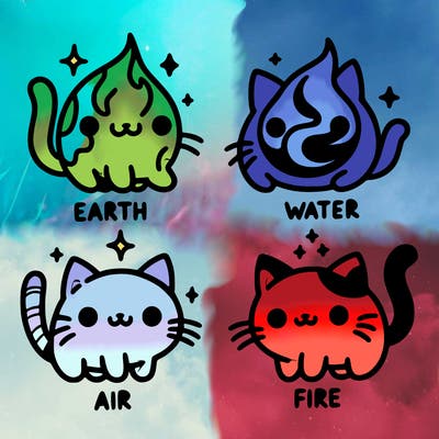 4 cats that represent the different elements, earth, water, air, and fire