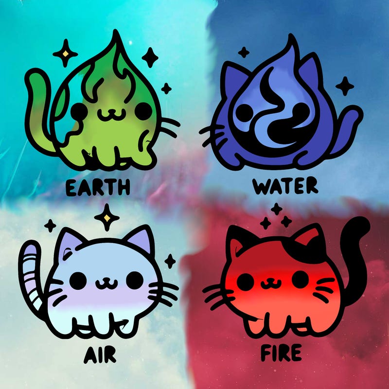 4 cats that represent the different elements, earth, water, air, and fire