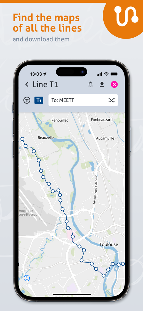 Tisséo: Metro, Tram, Bus - Capture d'écran de l'application Tisséo montrant le plan interactif du réseau de tramway de la ligne T1 à Toulouse sur un iPhone.