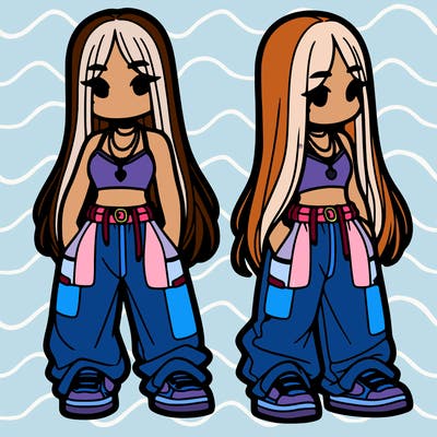 girl in baggy pants crop top and long hair