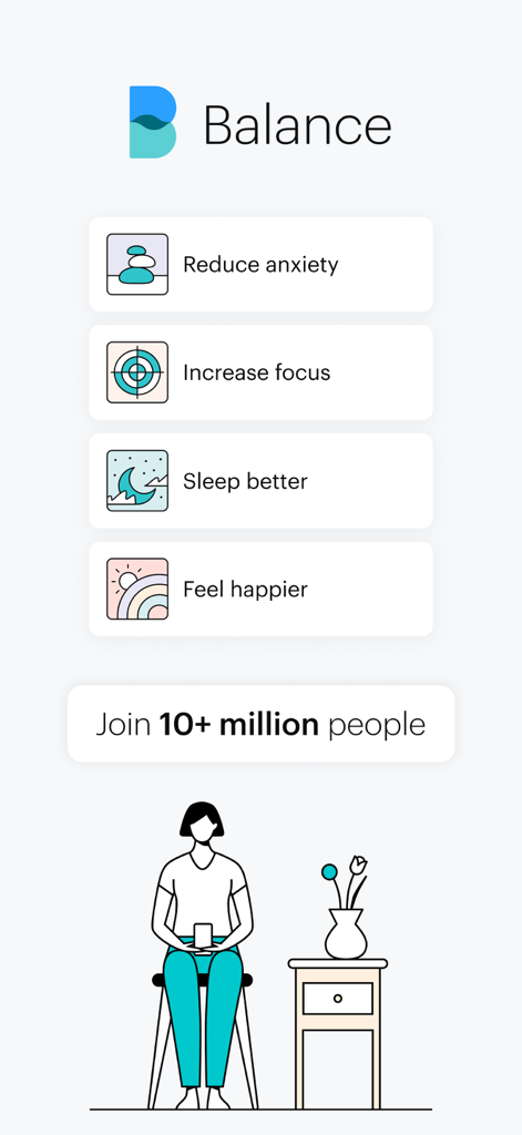 Balance: Meditation & Sleep - Balance meditation app interface showing options to reduce anxiety, increase focus, sleep better, and feel happier
