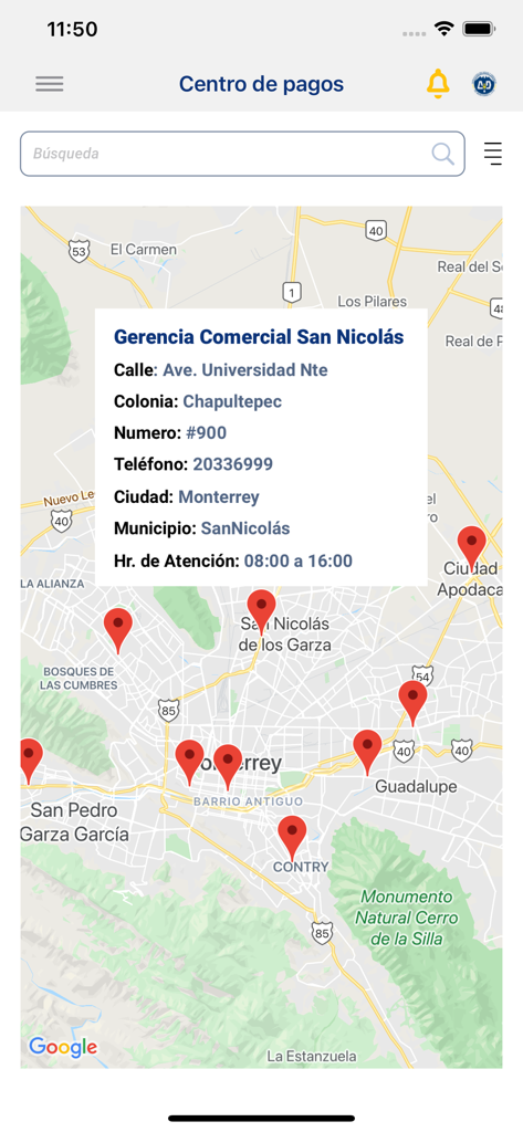 AYD - Vista de mapa en la aplicación AYD que muestra las ubicaciones de los centros de pago y detalles de sucursales en Monterrey.