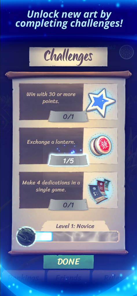 Lanterns: The Harvest Festival - A screenshot of the Challenges menu in the Lanterns Harvest Festival app showing quest progress and the player level bar.