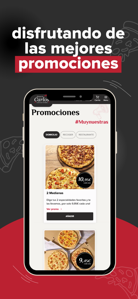 Pizzeria Carlos app promotions screen showing pizza deals