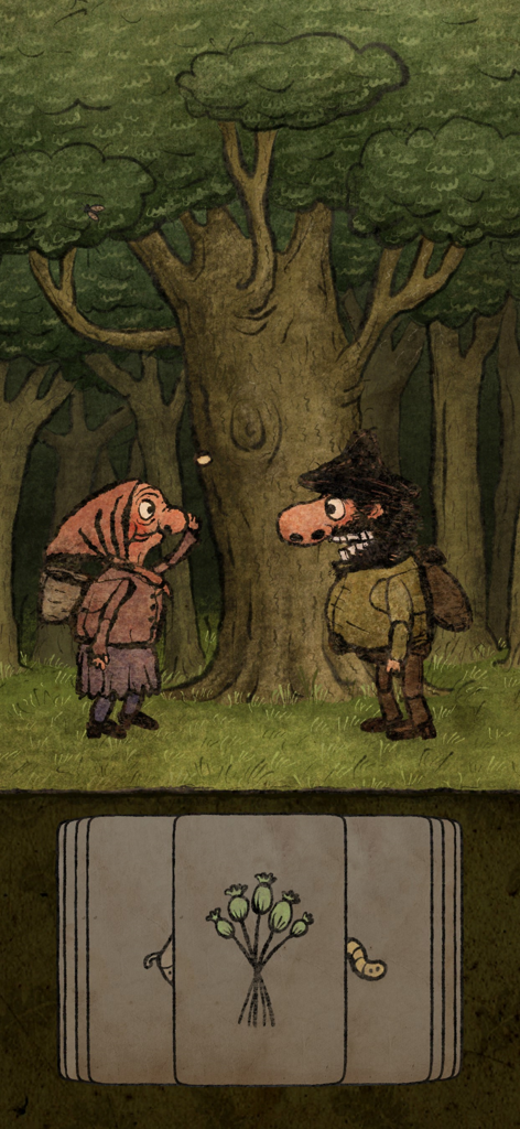 Pilgrims - Two hand-drawn characters meeting in a forest with card-based gameplay mechanics at the bottom in Pilgrims