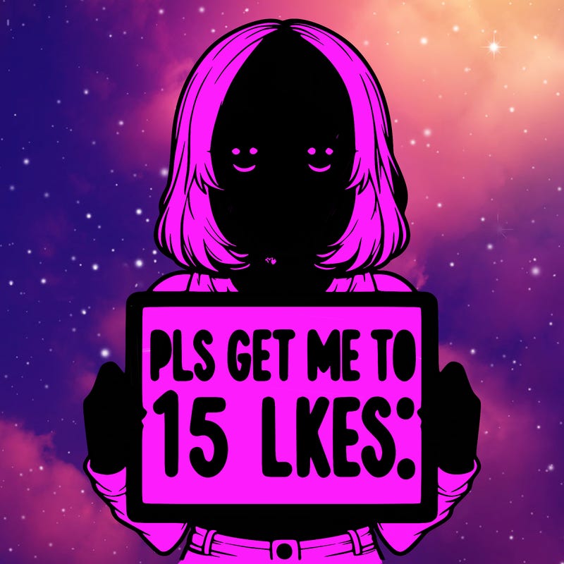 realistic girl holding up a sign that says “pls get me to 15 likes!”