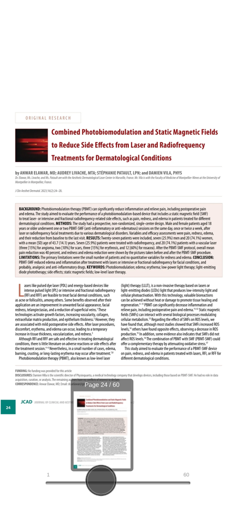 A research article page in the JCAD app titled Combined Photobiomodulation and Static Magnetic Fields.