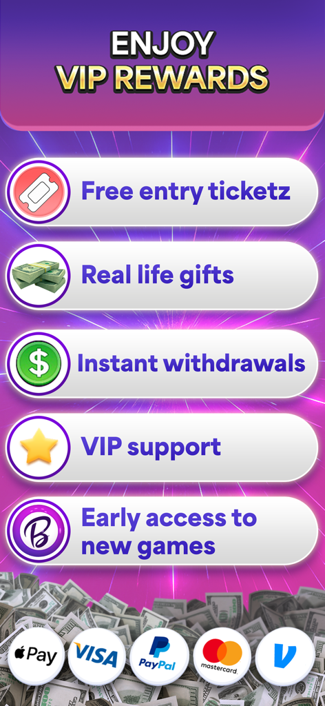 Skillz: Compete & Win Cash - Skillz app VIP rewards screen showing benefits like free entry tickets and instant withdrawals