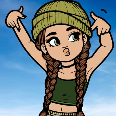 realistic teenage girl with braids and a beanie and crop top doing 🫶🏼
