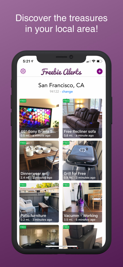 Interface of the Freebie Alerts app displaying a feed of free local items like furniture and electronics