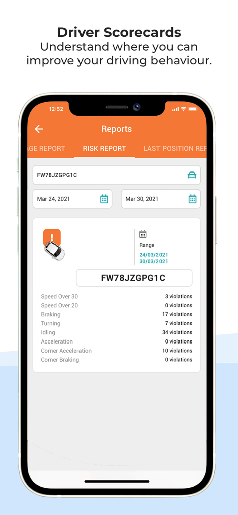 Cartrack app interface showing a driver risk report with behavior metrics like speeding and braking