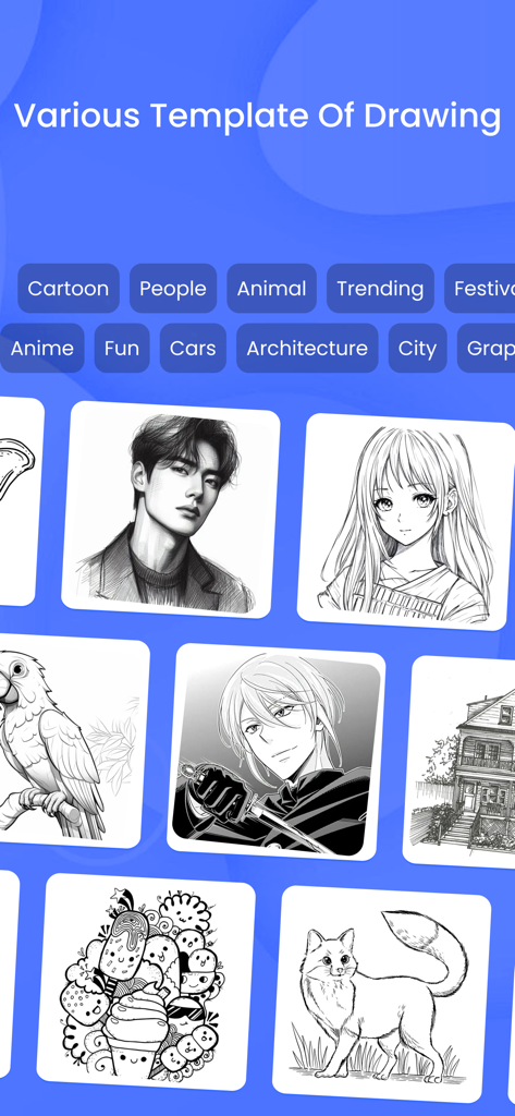 Interface of the AR Drawing app showing a library of sketch templates including anime, animals, and people.