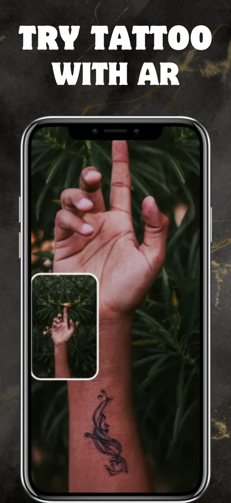 AI Tattoo Maker - Ink Hunter - Smartphone screen showing a virtual tattoo preview on a person's wrist using augmented reality