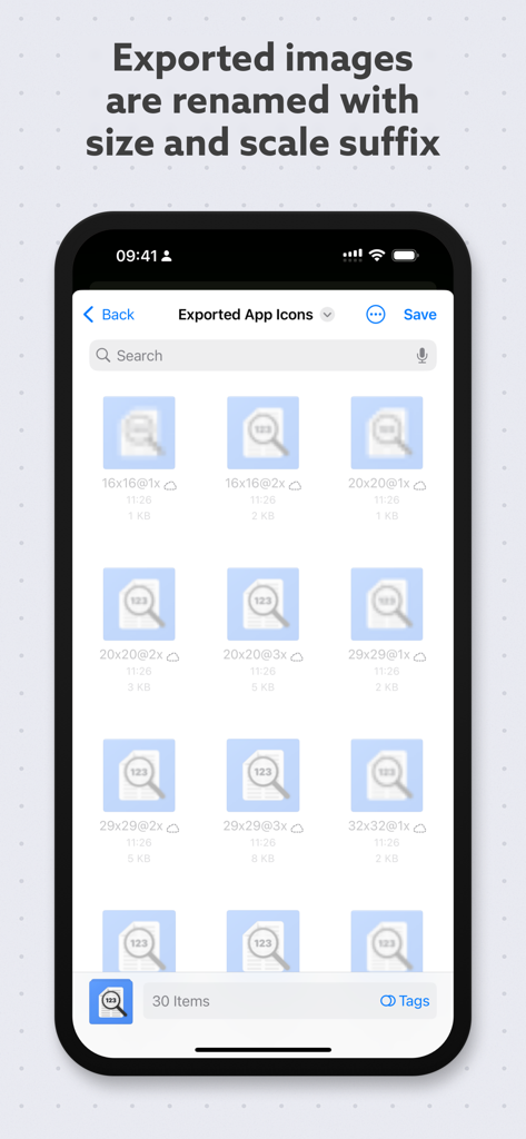 List of exported app icons renamed with size and scale suffixes