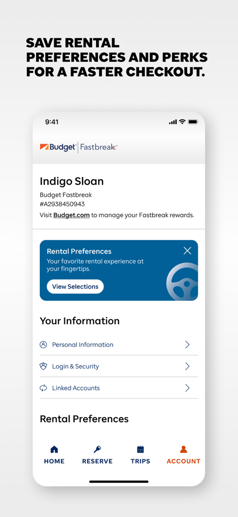 Schermata dell'account dell'app Budget Car Rental che mostra l'iscrizione al programma fedeltà Fastbreak e le preferenze di noleggio