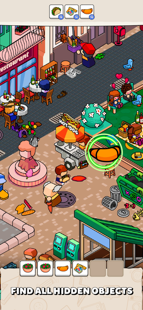 A colorful street scene in the Where Is hidden object game with a croissant highlighted for collection