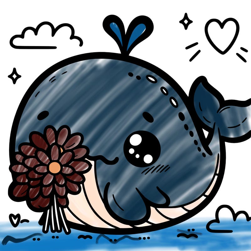 cute kawaii style cartoon  whale holding a bouquet of daisies