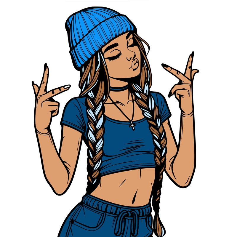 realistic teenage girl with braids and a beanie and crop top doing 🫶🏼