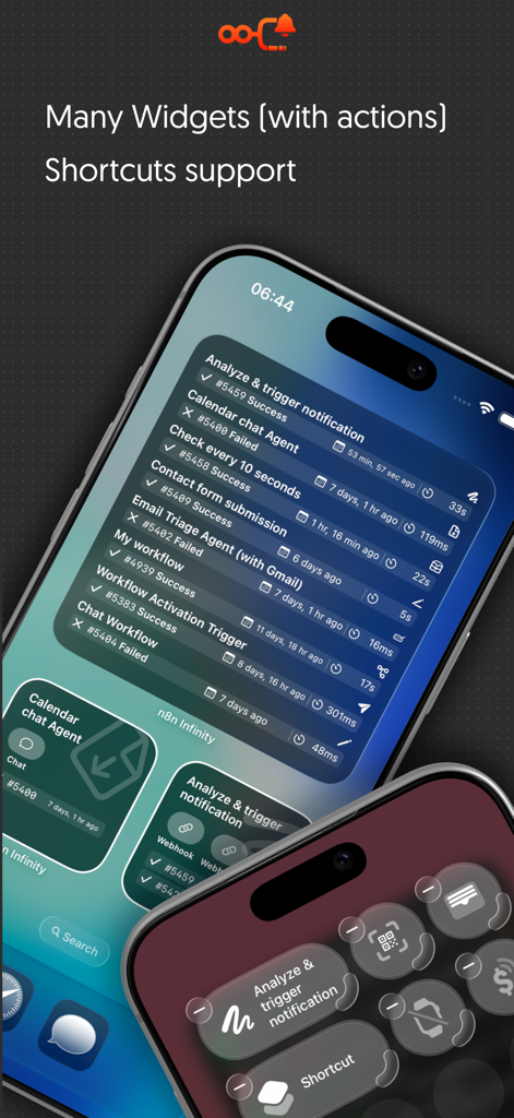Infinity Workflows - Infinity Workflows app interface showing iOS widgets and shortcuts for n8n automation management.