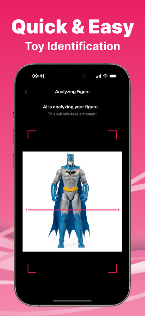 Figure ID: AI Toy Identifier - Tela de smartphone mostrando o aplicativo Figure ID escaneando uma figura de ação do Batman com IA para identificá-la.