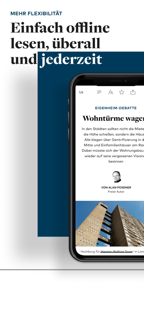 Interfaz de la aplicación WELT Edition en un smartphone destacando la función de lectura sin conexión con texto en alemán