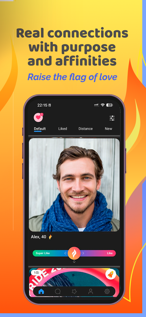 Flamr Dating for Progressives - A profile interface of the Flamr dating app for progressives showing a potential match and the slogan Real connections with purpose and affinities.