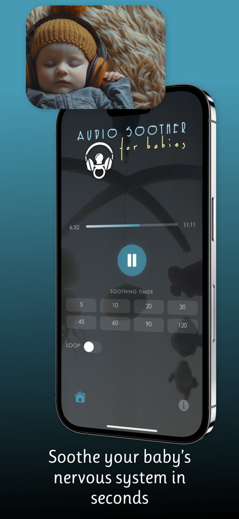 Audio Soother ~ For Babies - Ein Smartphone zeigt die Benutzeroberfläche der Audio Soother for Babies App mit einem Sleep-Timer und Wiedergabesteuerungen.