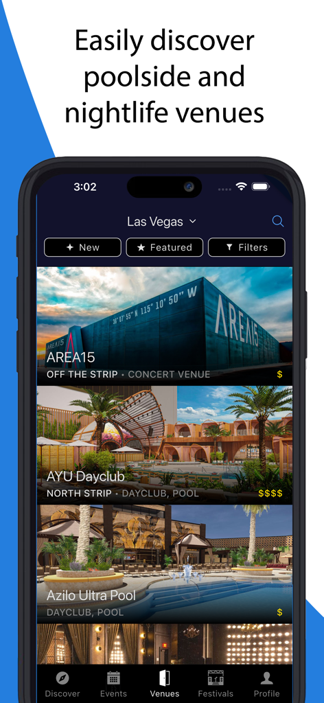 Discotech Nightlife - Discotech app interface listing nightlife and poolside venues in Las Vegas