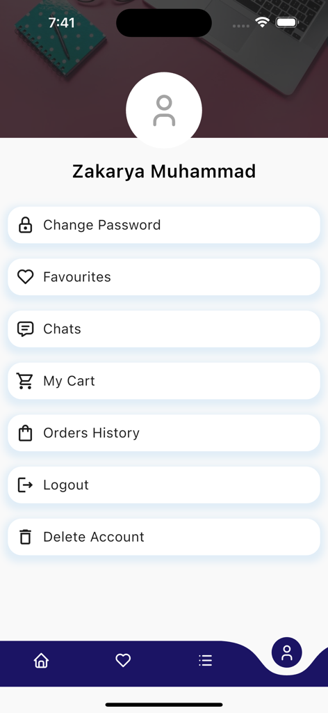 Darin Game - User account settings and profile page in the Darin Game mobile app showing options for favorites and order history.