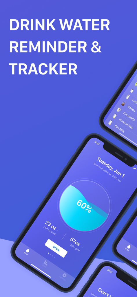 Water Reminder: Daily Tracker - Uma captura de tela de marketing do aplicativo Lembrete de Água mostrando um círculo de progresso de hidratação em 60% e rastreamento diário de ingestão de água em mililitros