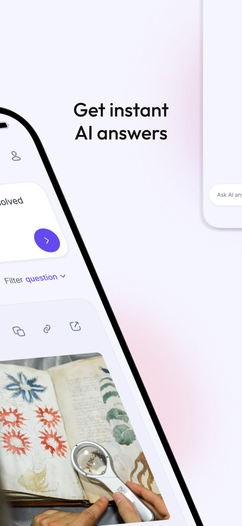 Smartphone interface showing iAsk Ai app with the text Get instant AI answers