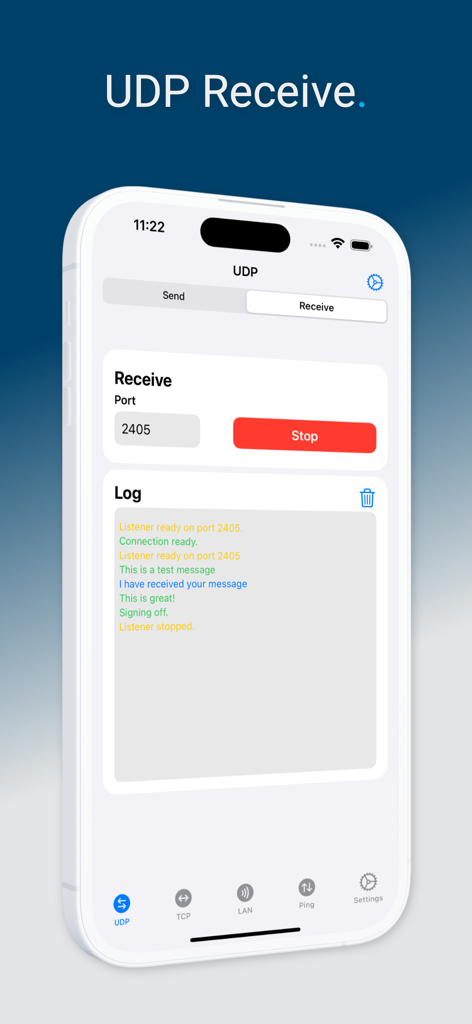 iPhone mostrando la función de recepción UDP y el registro de mensajes en la aplicación Network Utility