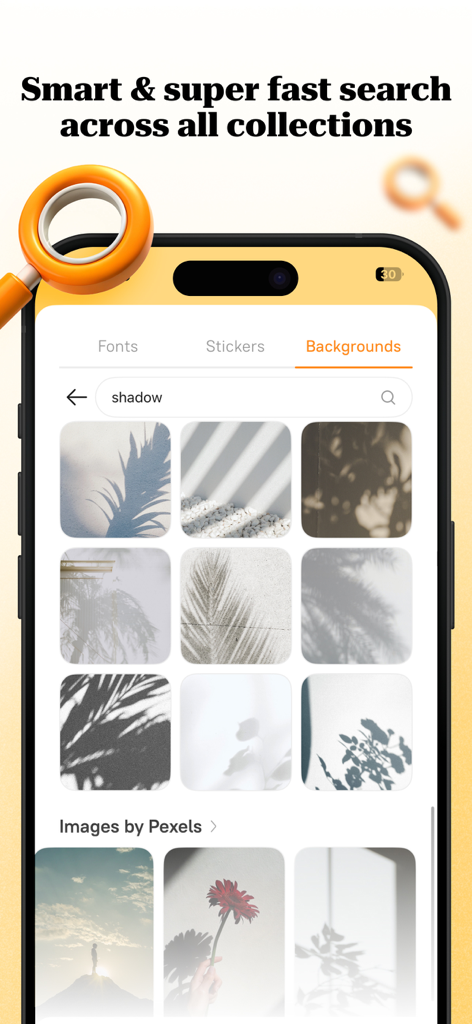 Add text to photo: Pastel - 美しいシャドウ背景と画像コレクションが表示されたPastelアプリの検索インターフェース