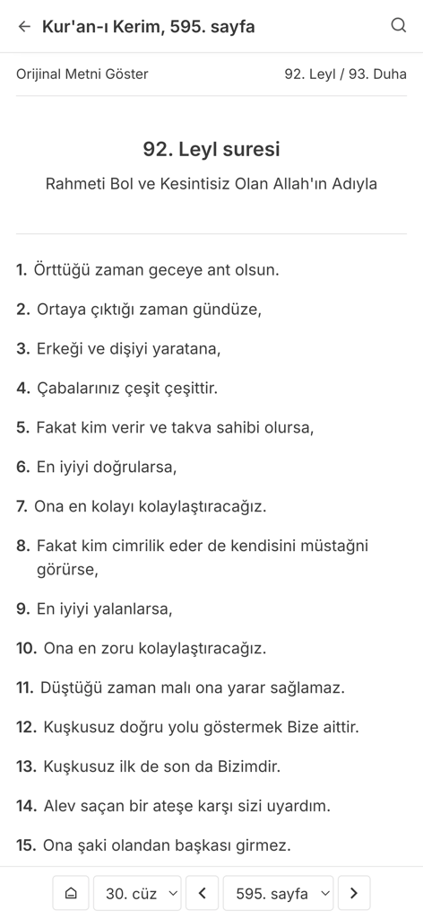 Açık Kuran - A screenshot of the Açık Kuran mobile app displaying a Turkish translation of Surah Al-Layl in a clean, minimalist reader view.