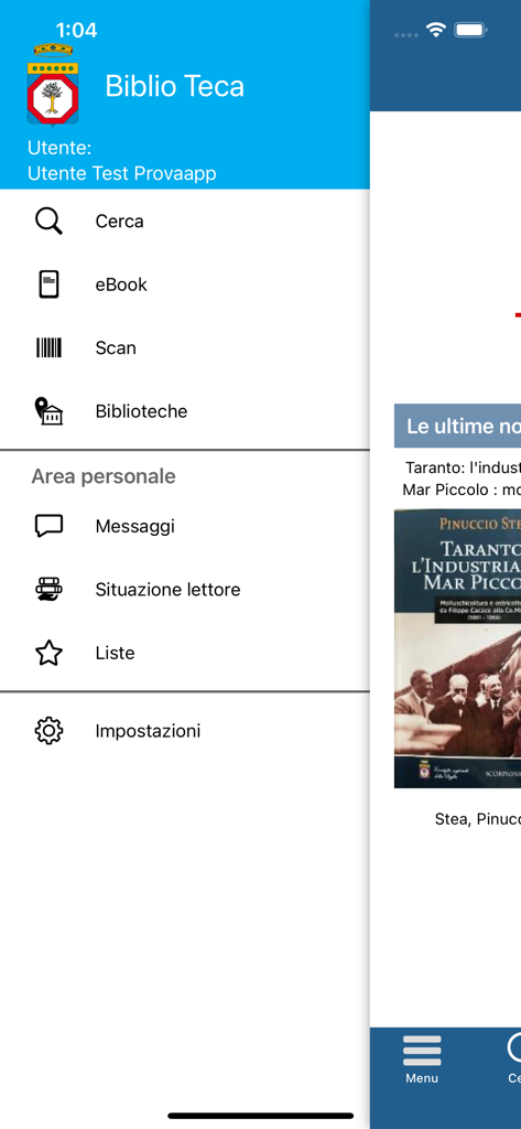 Biblio Teca - Menú lateral de la aplicación de biblioteca Biblio Teca mostrando búsqueda, escaneo de códigos de barras y opciones de gestión de cuenta