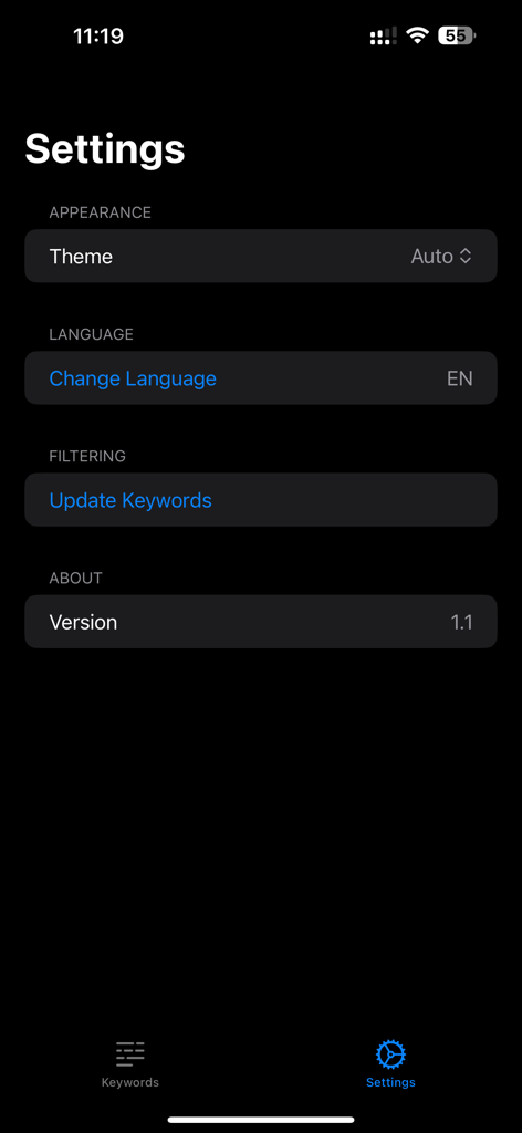 SMS Cleaner+ - Menu impostazioni dell'app SMS Cleaner plus che mostra lingua del tema e opzioni di filtraggio delle parole chiave