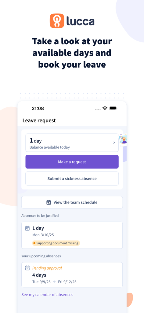 Interface do aplicativo Lucca HR para solicitar folgas e visualizar dias disponíveis